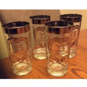 4 Vintage SILVER Trim 25TH Anniversary Glasses